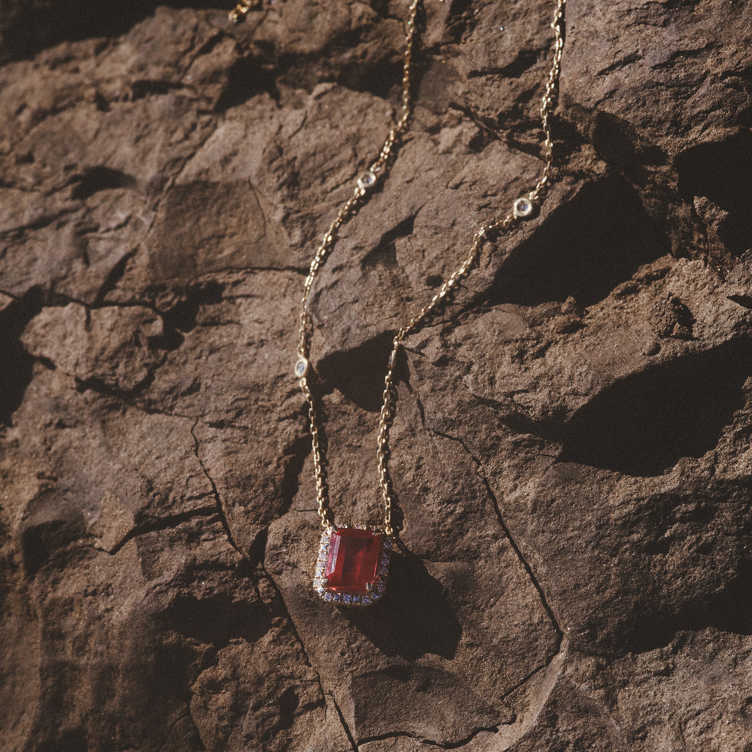 Astra 1.80ct Lab Ruby and Diamond Halo Octagon Cut Necklace in 18K Gold Vermeil